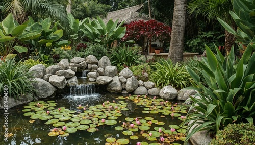 A Garden With Plants and Rocks Near a Small Pond With Lily Pads in a Natural ...