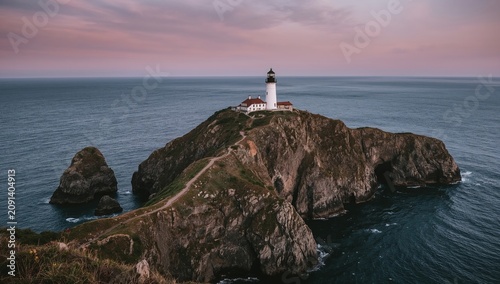 Lighthouse Stands on Rocky Cliff by the Ocean Under Clear Sky and Sunlight