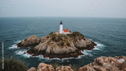 Lighthouse Stands on Rocky Island Surrounded by Ocean Waves Near the Coast