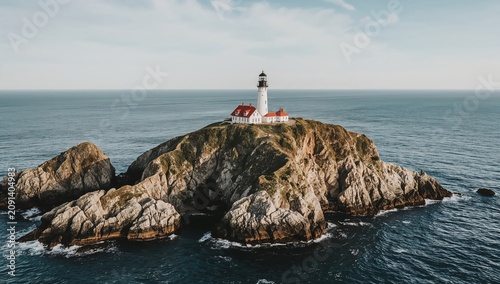 Lighthouse Stands on Rocky Cliff by the Ocean Under Clear Sky and Sunlight
