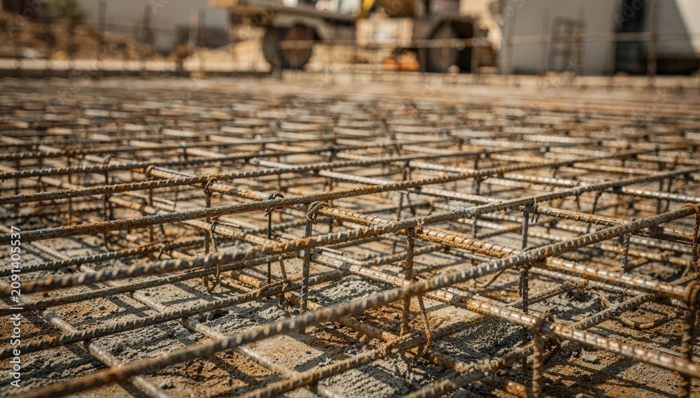 Obraz premium Medium shot of fresh rebar grid placement for sturdy curb foundation main focus on steel bars while background construction is softly blurred.