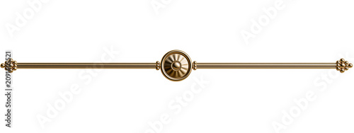 Gold curtain rod with decorative finials and round medallion