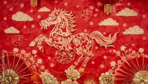 Decorative Horse Design With Red Background for Celebration in Location Durin...