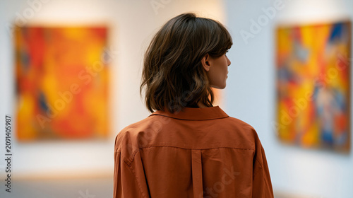 Rear view of a young woman standing in an art gallery in front of two large colorful paintings, gallery contemplation concept, with copy space