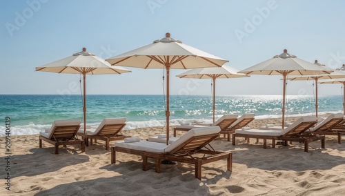 Beach Chairs and Umbrellas Lined up by the Ocean During a Sunny Day