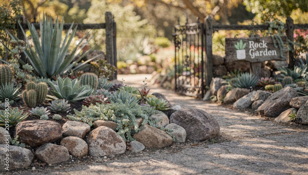 Naklejka premium Focus on a rock garden border framing an entrance gate showcasing contrasting succulents and decorative signage with softfocus surroundings for depth.