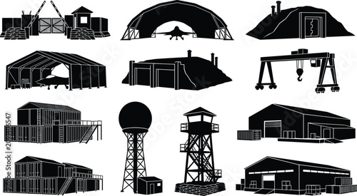 Military Base and Air Force Infrastructure Silhouette Vector Icons Set for Defense and Logistics Design
