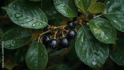 Berries Grow on a Green Shrub With Shiny Leaves After Rain in a Garden During...