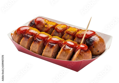 Currywurst sausage with ketchup and curry powder isolated on transparent background