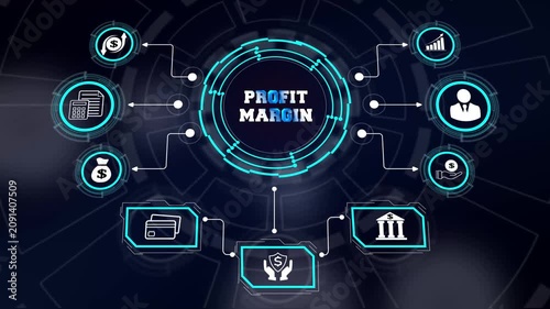 Corporate profit margin evaluation concept showing interactive digital blueprint parameters with neon network icons for enterprise commercial success