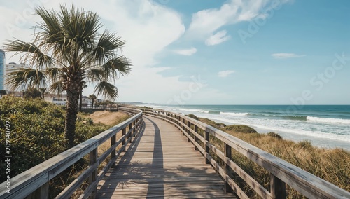 Wooden Path Leads to Beach With Palm Trees and Ocean View on Sunny Day