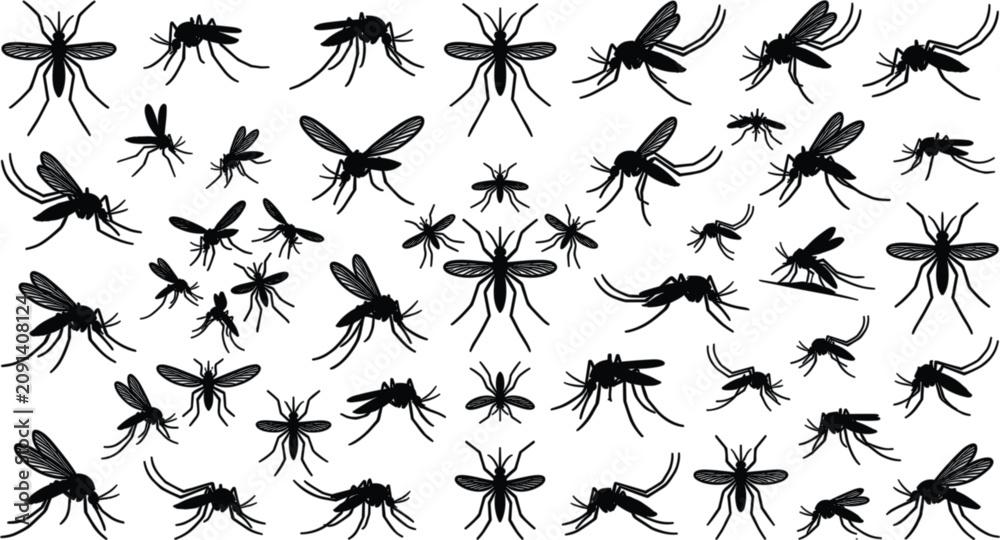 Fototapeta premium Mosquito silhouette insect vector illustration set with flying pests bugs and parasites for malaria dengue virus prevention design concepts