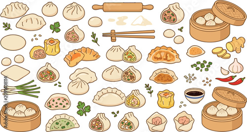 Obraz na plátně Cute dumpling and dim sum vector illustration set featuring gyoza baozi shumai w