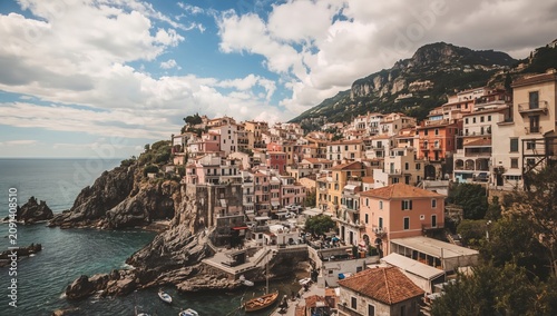 Coastal Village With Colorful Buildings Near the Sea on a Cloudy Day
