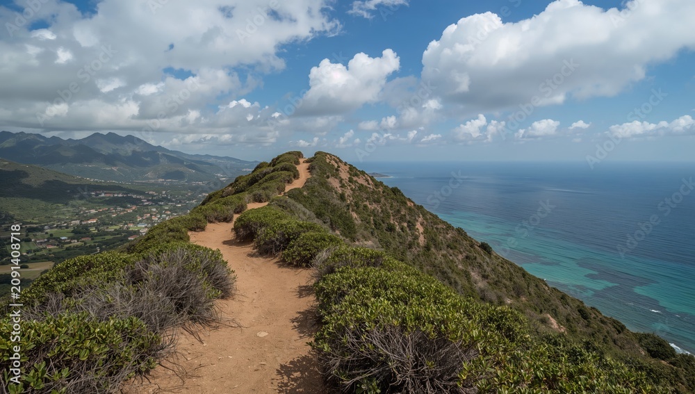 Naklejka premium Hiking Path Leads to Ocean View With Clouds in the Sky in a Coastal Area