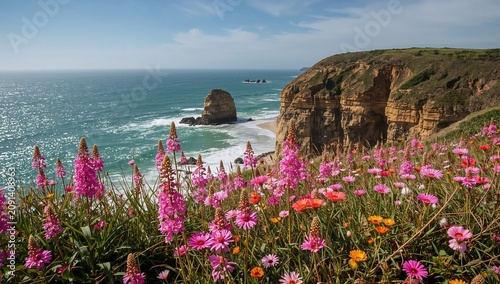 Flowers Grow on a Cliff Overlooking the Ocean and Beach Under a Blue Sky in a...