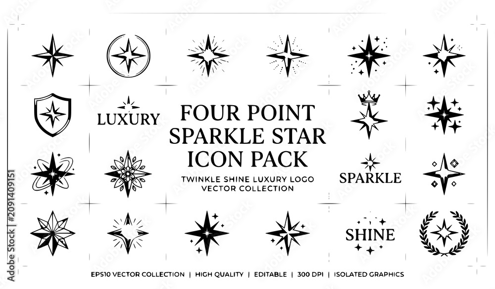 Foto Generate a distinctive vector icon set containing 28 unique four-point sparkle designs isolated on a solid white background