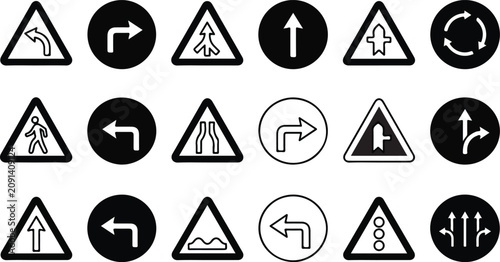 Foto Regulatory direction circles and triangular lane junction warning signs set