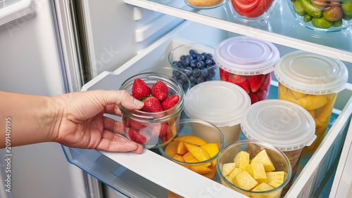 Close-up of human hand taking glass jar with fresh red strawberries from open refrigerator drawer full of containers with cut fruits and berries