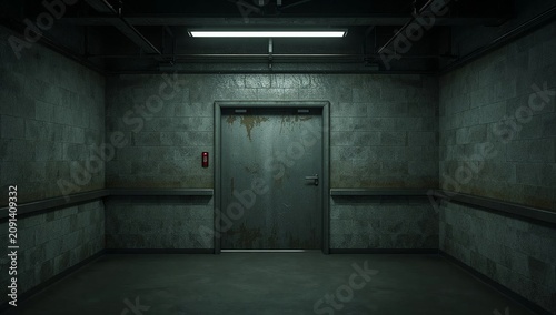 Door in a Dark Hallway With Gray Walls and a Phone on the Side Showing Neglec...