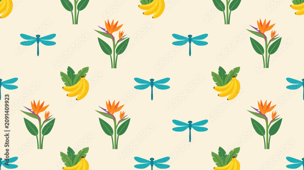 Fototapeta premium Vibrant nature-inspired seamless pattern featuring tropical flowers bananas and dragonflies against soft background perfect for