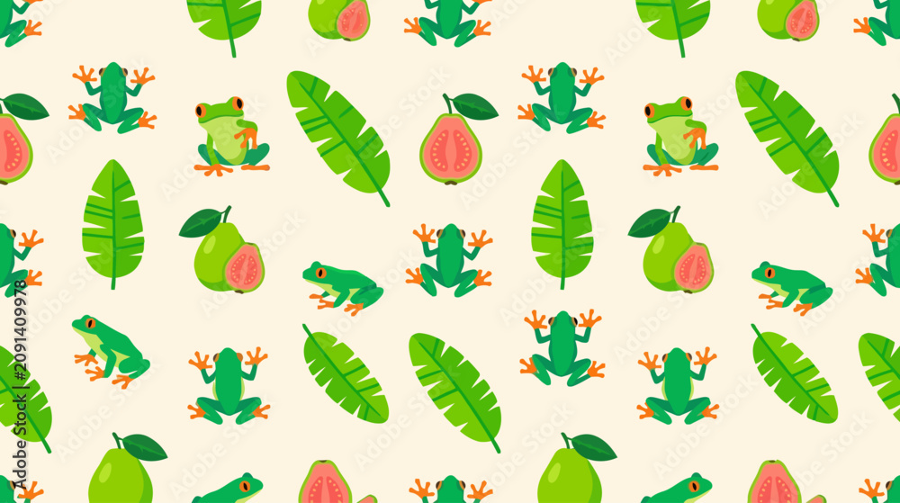 Fototapeta premium Vibrant seamless pattern featuring playful frogs and lush tropical leaves for lively design themes