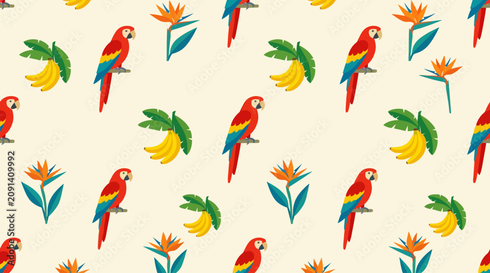 Obraz premium Vibrant tropical birds and exotic foliage create a lively and colorful pattern perfect for summer-themed designs and