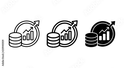 Growth Icons: Stacked Coins, Bar Chart, Upward Arrow, Financial Success, Business Analytics
