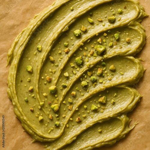 Creamy pistachio spread with chopped pistachios on parchment background