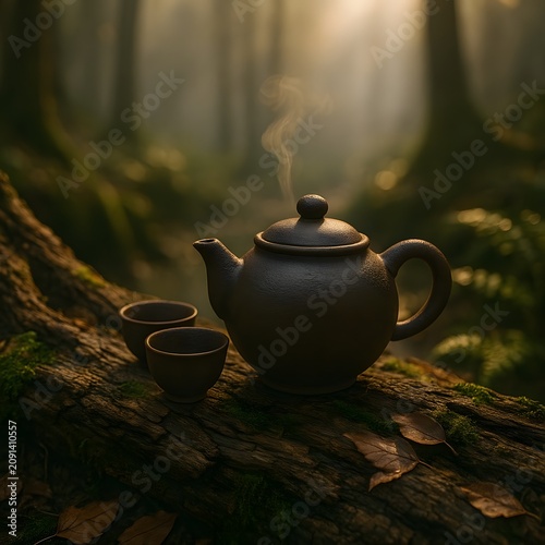 A clay teapot and two steaming cups on a mossy fallen log in the forest. Tea ceremony.