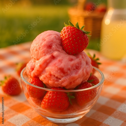 Strawberry Ice Cream Scoops in Glass Bowl with Fresh Berries on Gingham Cloth