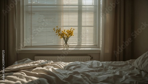 Bright Sunlight Fills the Room Through Closed Blinds