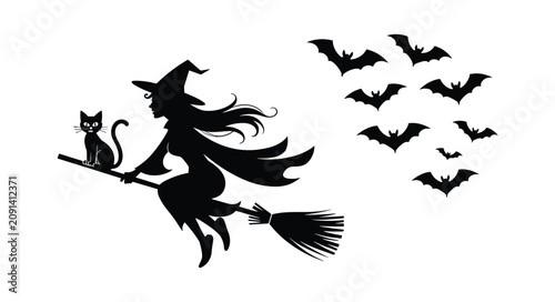 Fotografie Halloween Witch Silhouette: A silhouette of a witch on a broom with a cat and flying bats, embodying the spirit of Halloween