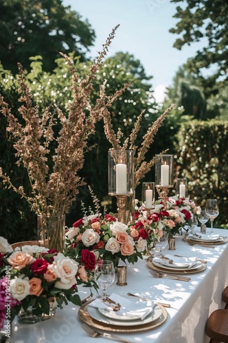 Elegant Outdoor Table Setup With Flowers and Candles for a Special Occasion i...
