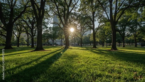 Sunrise Light Shines Through Trees in a City Park During Early Morning Hours
