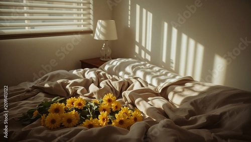 Flowers on a Bed in a Room With Sunlight Shining Through the Window