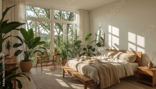 Sunlight Fills a Room With Flowers on a Table and a Bed With Soft Blankets Du...