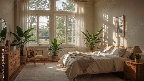 Bright Bedroom With Large Windows and Plants in a Sunny Morning