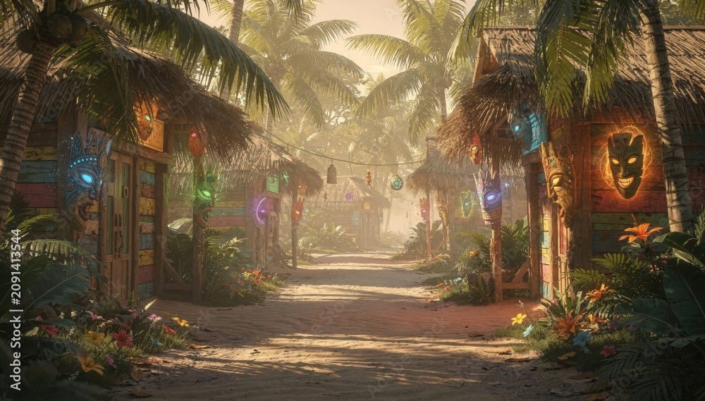 Naklejka premium Tropical fantasy streetscape featuring vibrant wooden huts with straw roofs lush greenery edging the sandy pathway and detailed masks hanging as ethereal signage.