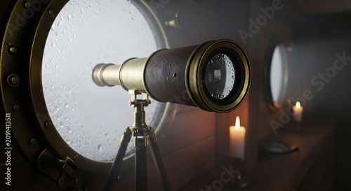 Vintage Telescope on Tripod Near Candlelit Window