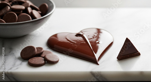 Chocolate heart-shaped treat with melted topping on marble surface