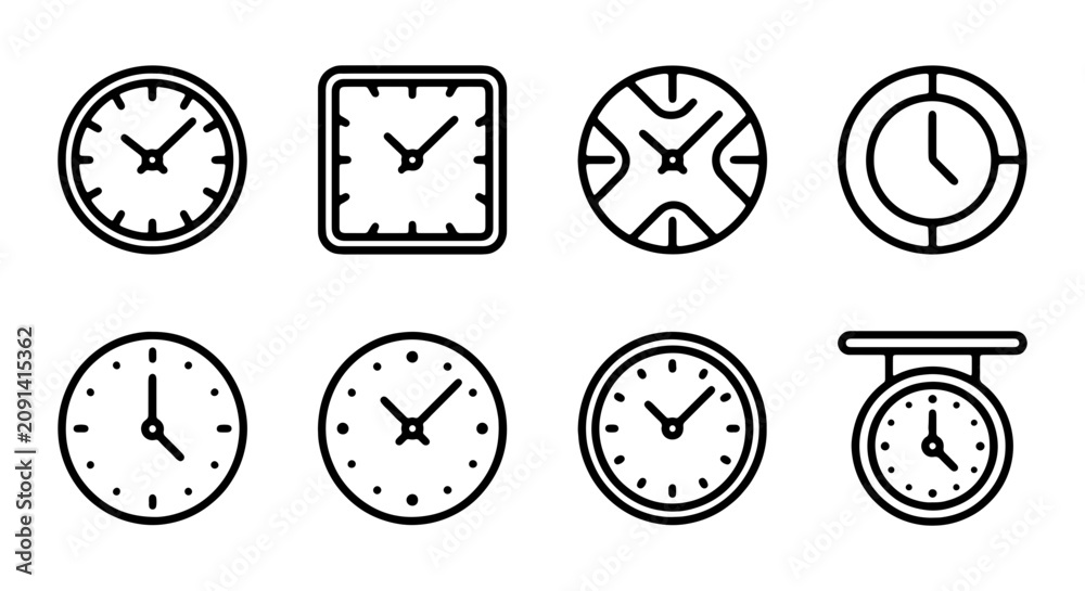 Fototapeta premium Diverse Clock Icons Set, Time Measurement Symbols, Round and Square Analog Timepieces, Vector Graphics