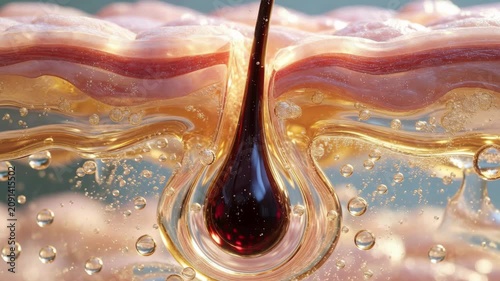 Glowing skin pore close up with oil droplet bubble glossy texture and hair follicle close up