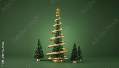 Christmas Tree Set With Golden Decorations on a Green Background