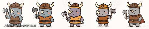 Tableau sur toile Set of vector rhinoceroses dressed as Vikings and holding weapons