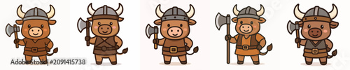 Photos A set of vector bulls dressed as Vikings and holding weapons.