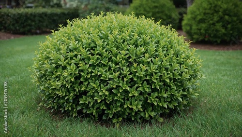 Green Shrub in a Garden Setting Surrounded by Grass and Other Plants