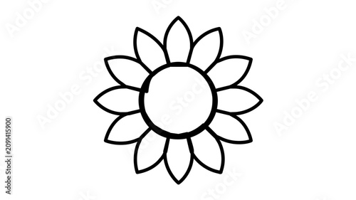 Minimal black outline sunflower vector icon illustration, cropped half bloom with clean petals and round center on white background, simple botanical line art for summer garden branding and decor
