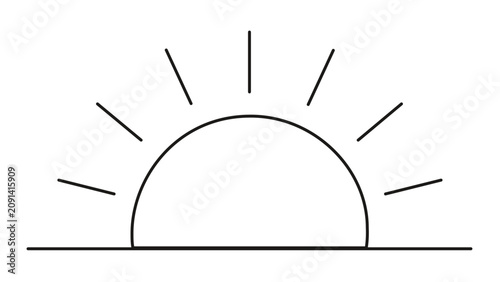 Thin black sun vector icon, minimalist line illustration with half circle horizon and slender rays on white background, clean summer weather symbol for apps, travel, calendars, and seasonal graphics
