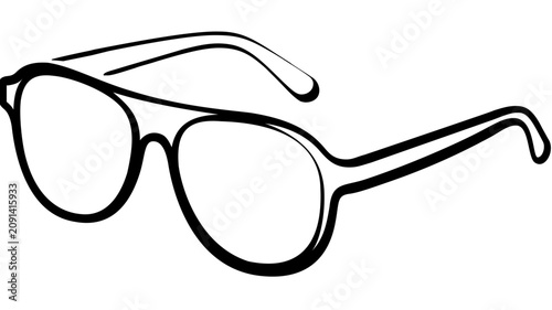 Wayfarer sunglasses vector icon illustration in black line art, cropped angled frame with visible side arms on white background, stylish summer eyewear accessory for beach travel and fashion graphics